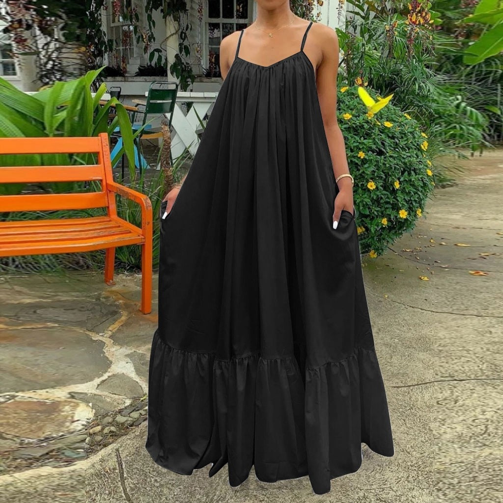 Women Plus Size Casual Solid Strap Dress Pocket Loose Backless Big Swing Dress