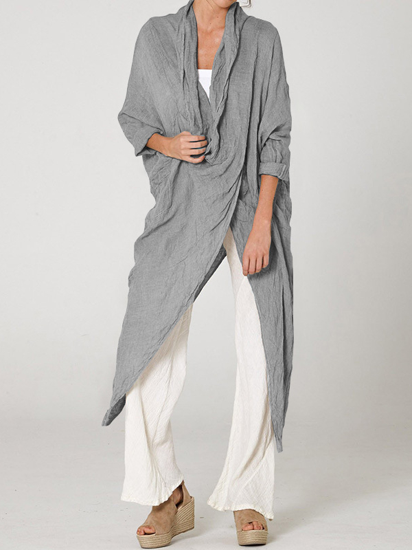 Vintage Linen Blend Long Sleeve Pile Collar Asymmetrical Cardigan