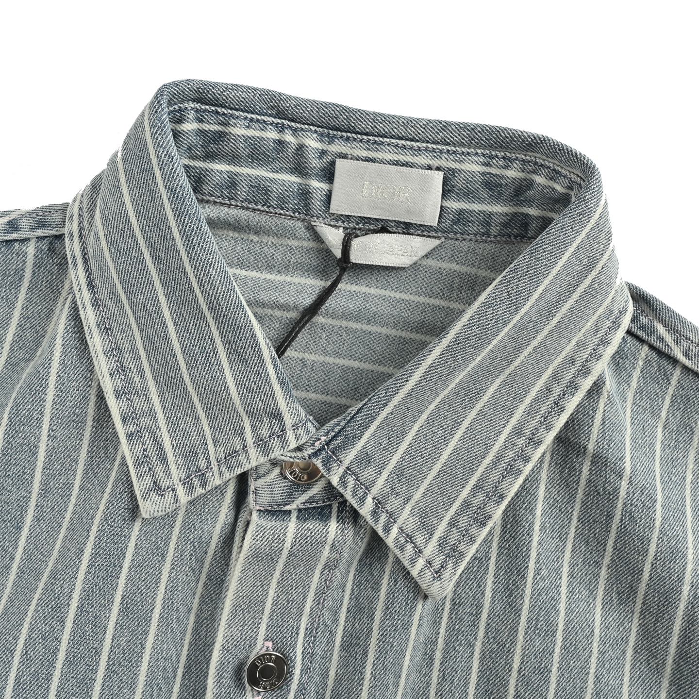 Dior 25ss embroidered lettering striped washed denim short-sleeved shirt