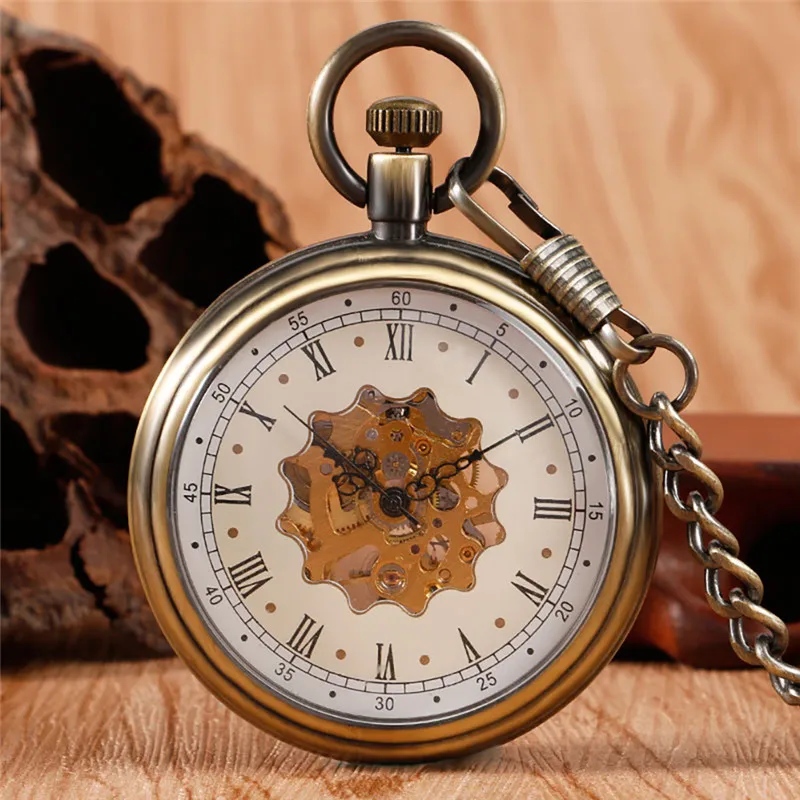 Antique Clock Men Women Mechanical Hand Winding Pocket Watch Manual Wind Up Watches Roman Number Fob Chain Timepiece