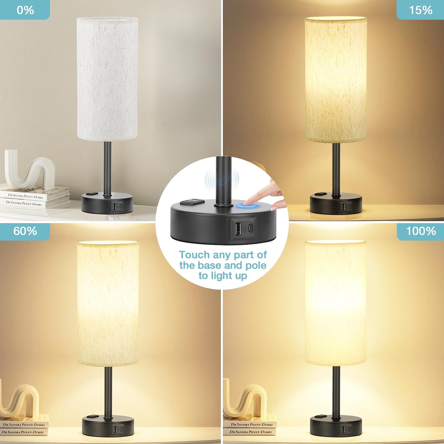 Bedside Table Lamp for Bedroom - 3 Way Dimmable Touch Lamp USB C Charging Ports and AC Outlet, Small Lamp Wood Base Round Flaxen Fabric Shade for Living Room, Desk, LED Bulb Included
