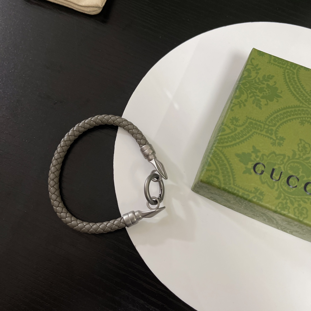 Gucci Grey Braided Leather Bracelet