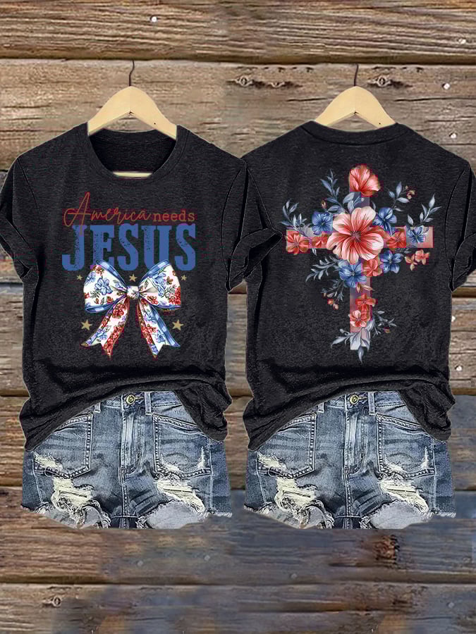 Women's Independence Day Faith Family Freedom Print Short Sleeve T-Shirt