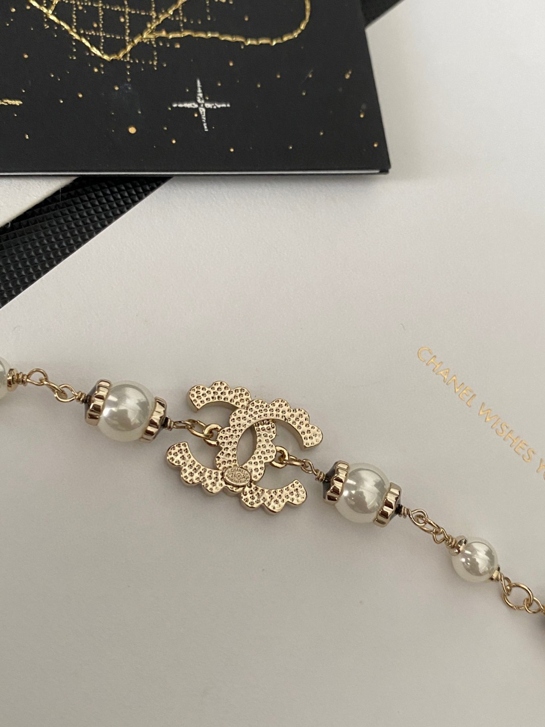 CHAN 24 black enamel lace double c pearl necklace