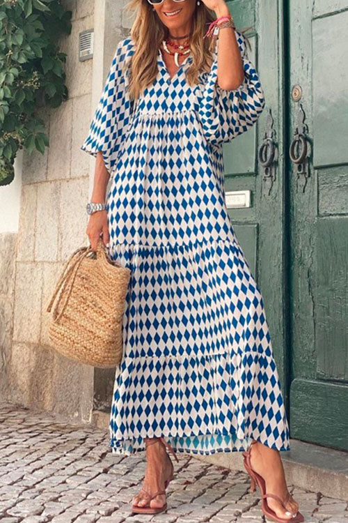 Heididress Puff Sleeve Geometry Printed Swing Dress