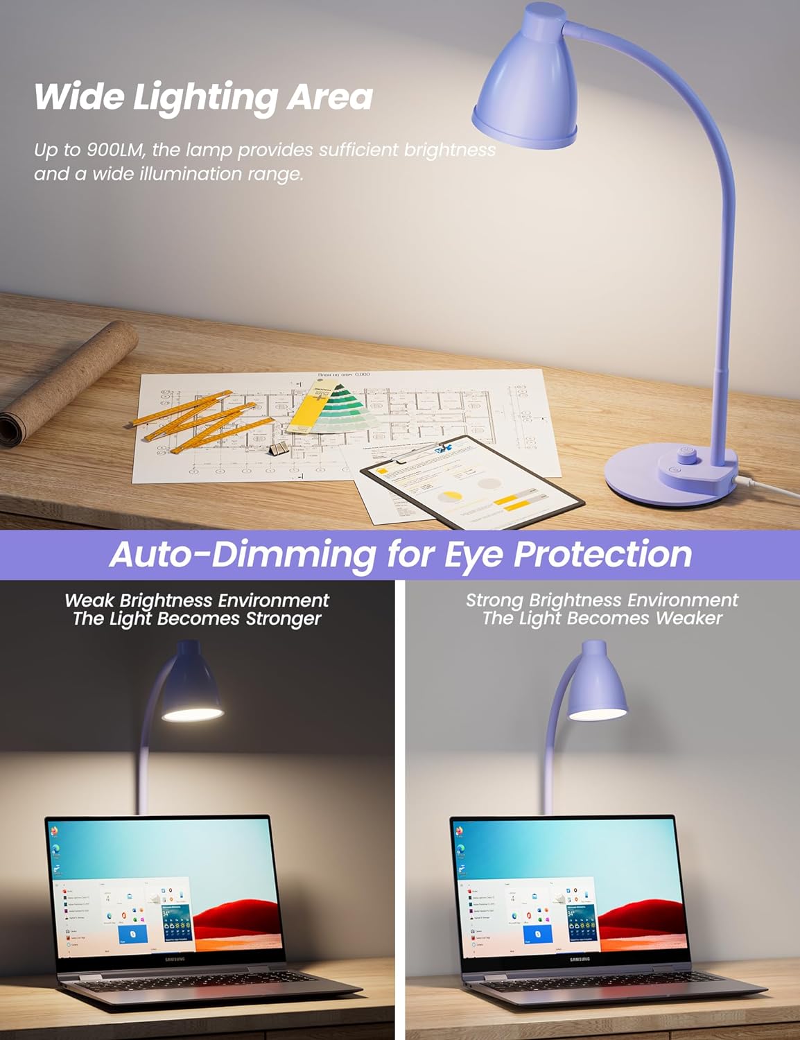 BOHON LED Desk Lamp with USB Charging Port 3 Color Modes Dimmable Reading Light Intelligent Induction Auto Dimming Task Lamp Flexible Gooseneck Table Lamp for Bedside Office, AC Adapter Include