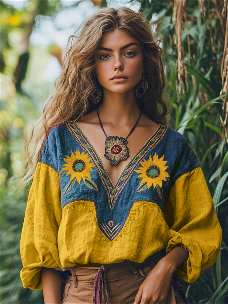Vintage Boho Sunflowers Embroidered Contrast Linen Blend Tunic