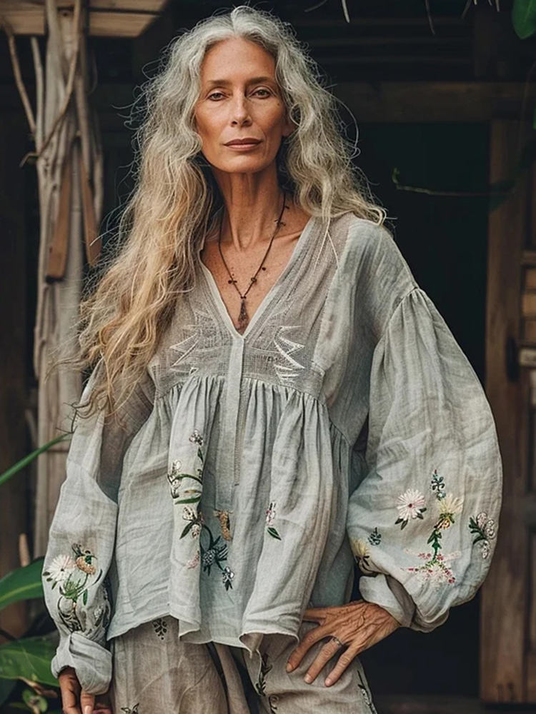 Vintage Bohemian Floral Linen Art Print Long Sleeve V-neck Shirt