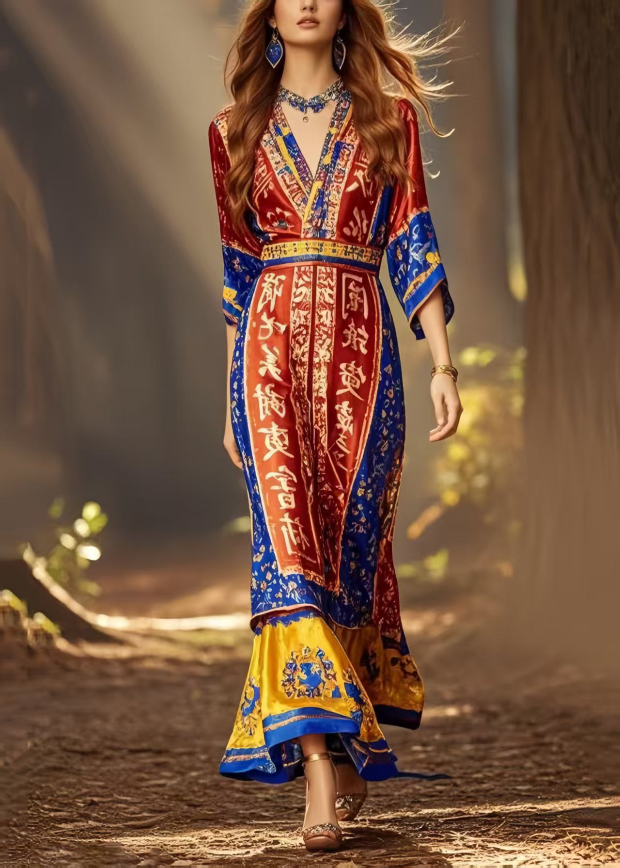 New Retro Red Print National Style Dress Summer