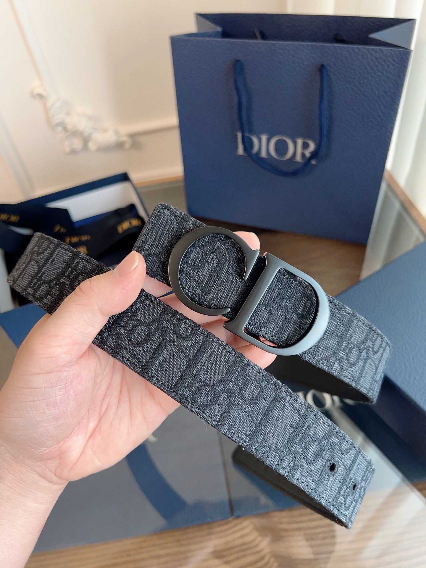 Dior Oblique black cloth and black cowhide belt width 3.5cm