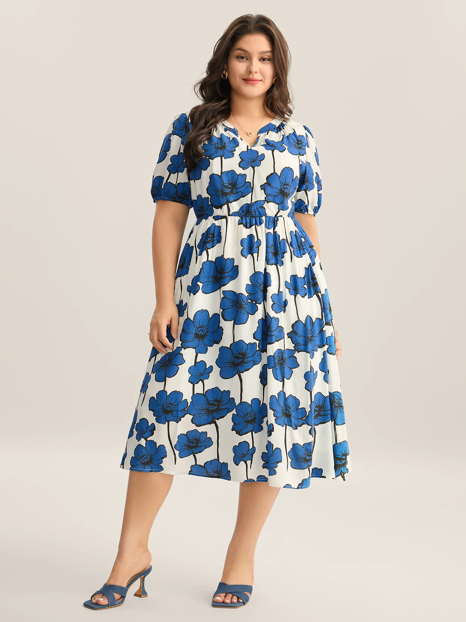 Large Floral Print Notched Collar Midi Dress