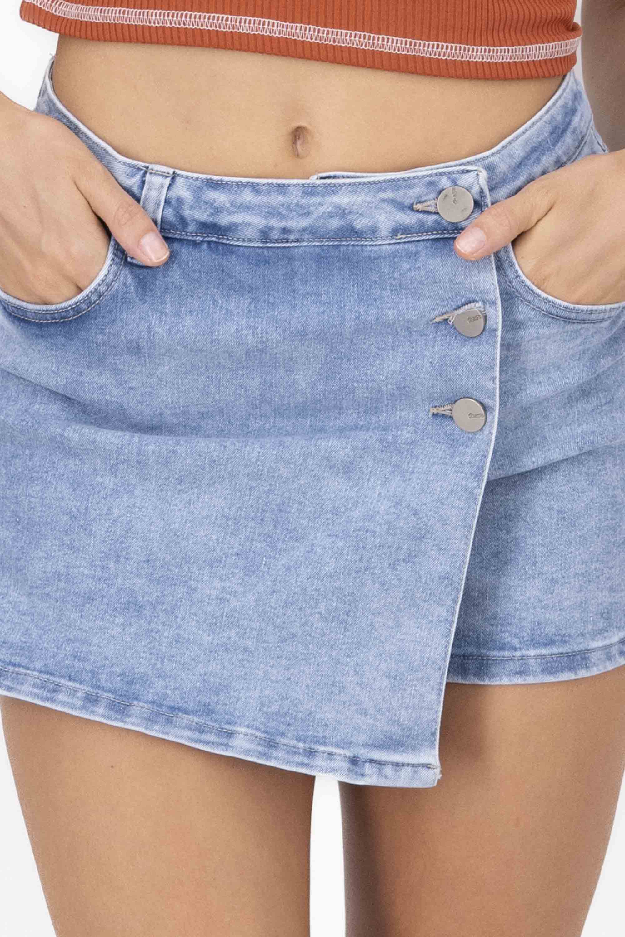 Crossed Denim Mini Skirt With Buttons