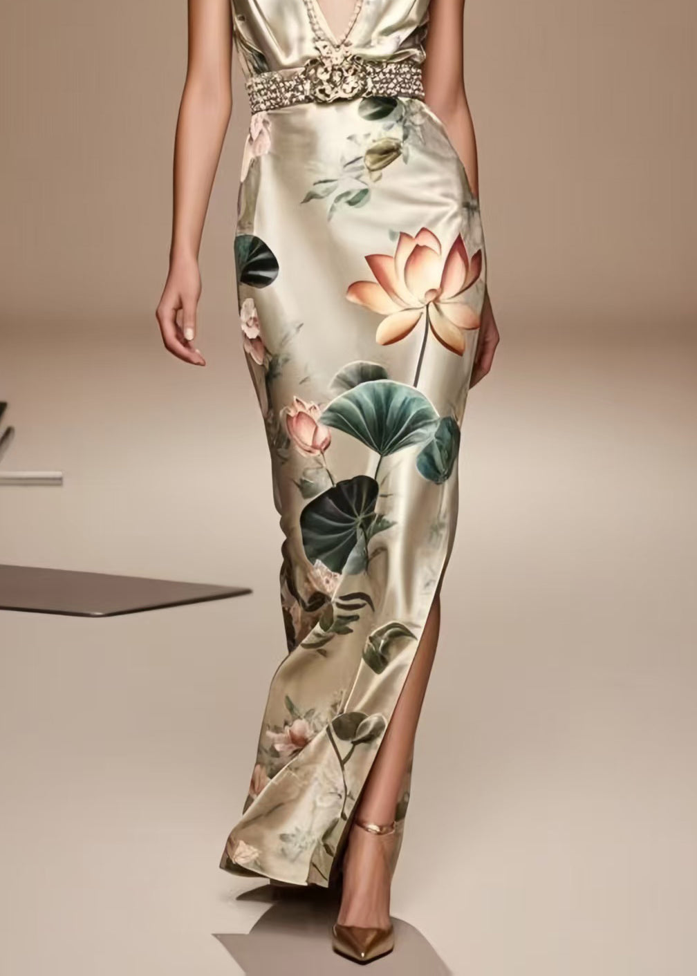 French Champagne Print Side Open Silk Tunic Dress Summer
