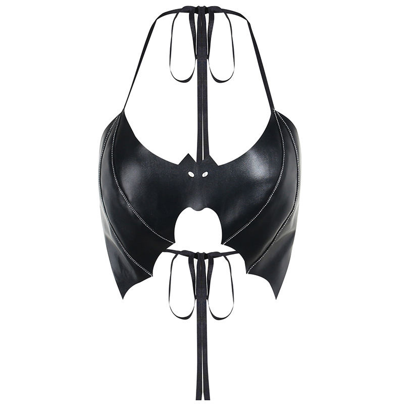 Bat Pattern PU Leather Lace Up Top