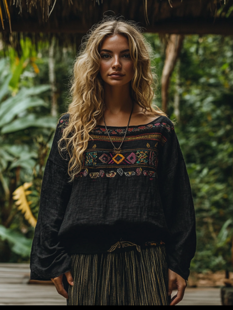 Retro Boho Tribal Art Embroidery Print Cotton And Linen Blend Loose Blouse