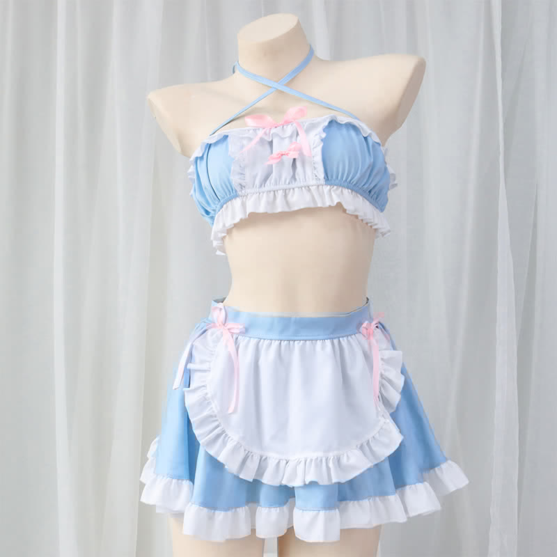 Lace Up Top Ruffled Maid Skirt Lingerie Stockings Set