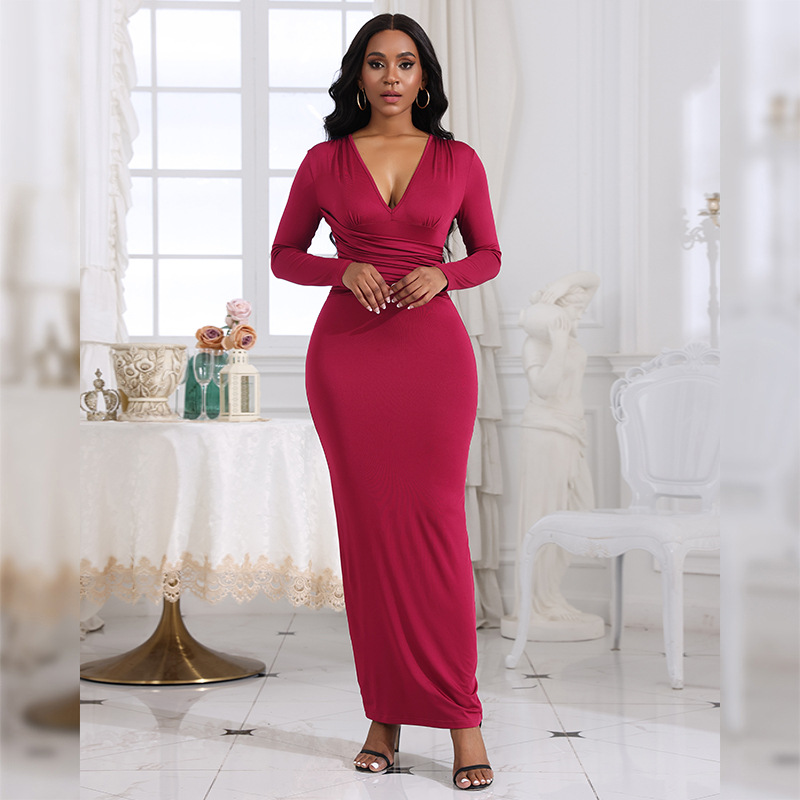 Fashionable sexy v-neck slim pleats solid color long sleeves dress