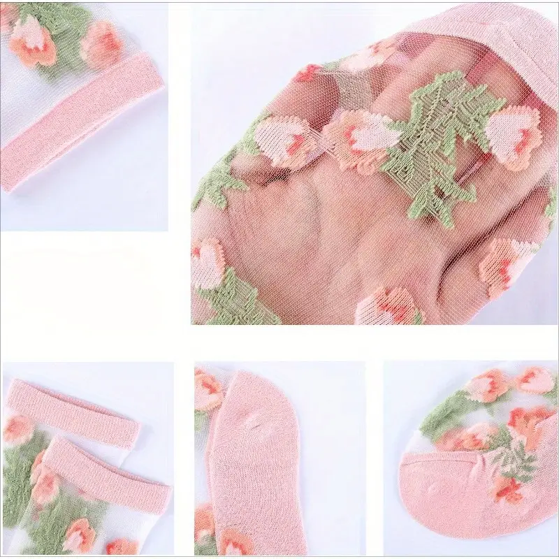 ( Last Day Promotions-50% OFF) 5pairs/Set Floral Embroidery Lace Ankle Socks--Size Fit ALL Ldies and Girls