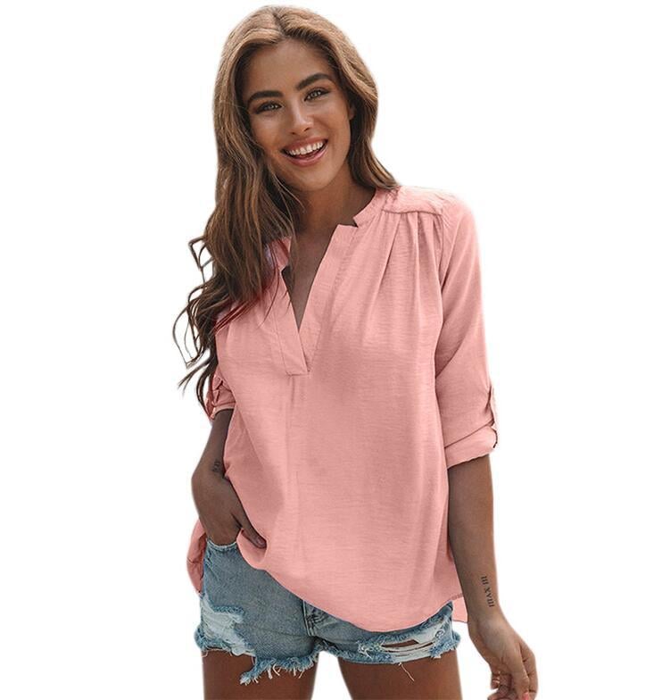 Women Blouse V Neck Shirts Ladies Plain Work Long Sleeve Tops Pleated Casual