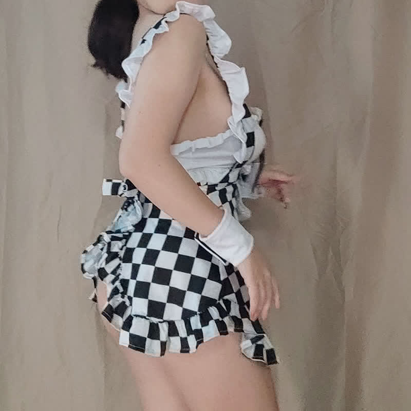 Plus Size Ruffled Lingerie Plaid Maid Slit Skirt Set