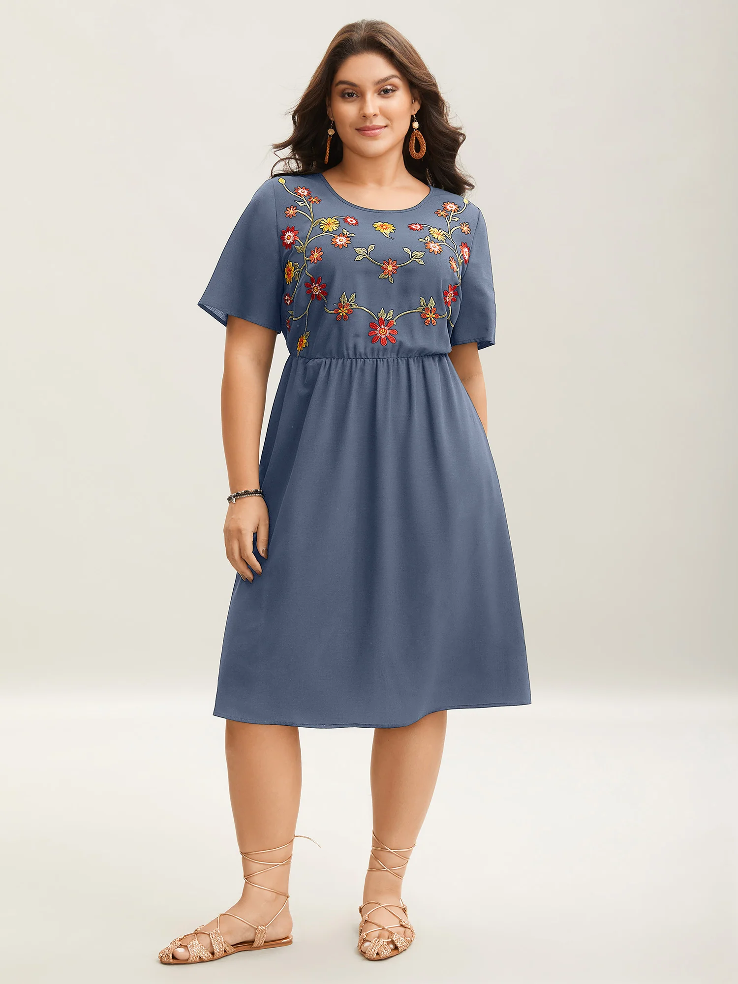 Floral Embroidered Waist-Cinched Midi Dress