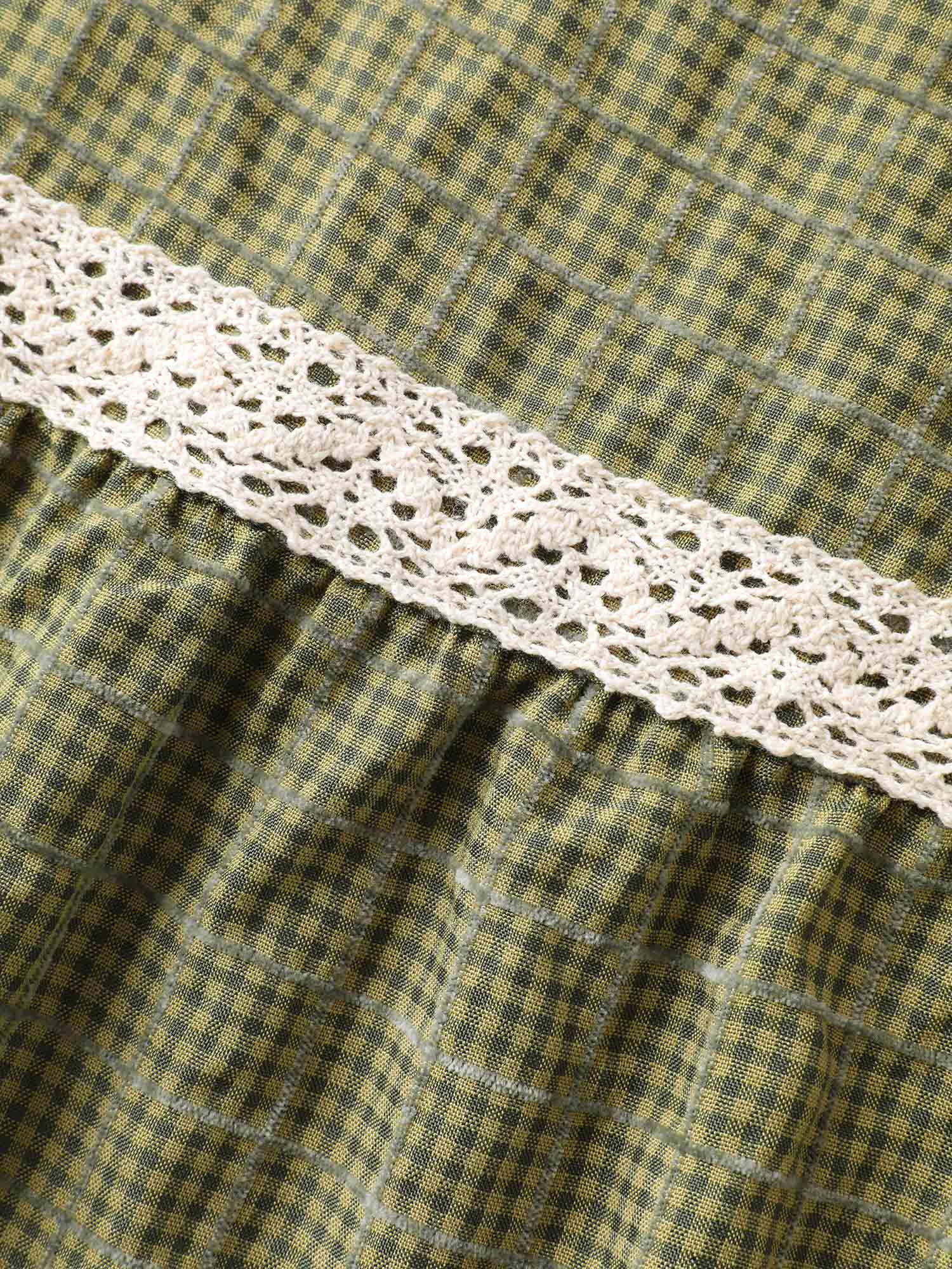 Plaid Shirred Lace Trim Tiered Maxi Dress