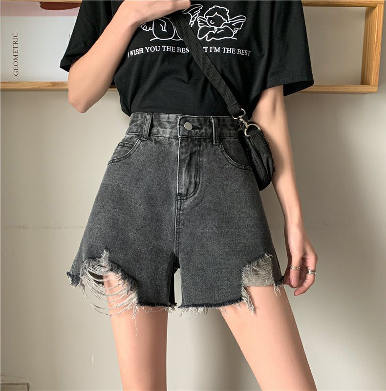 Ripped high-waisted skinny hot pants spicy broad leg jeans