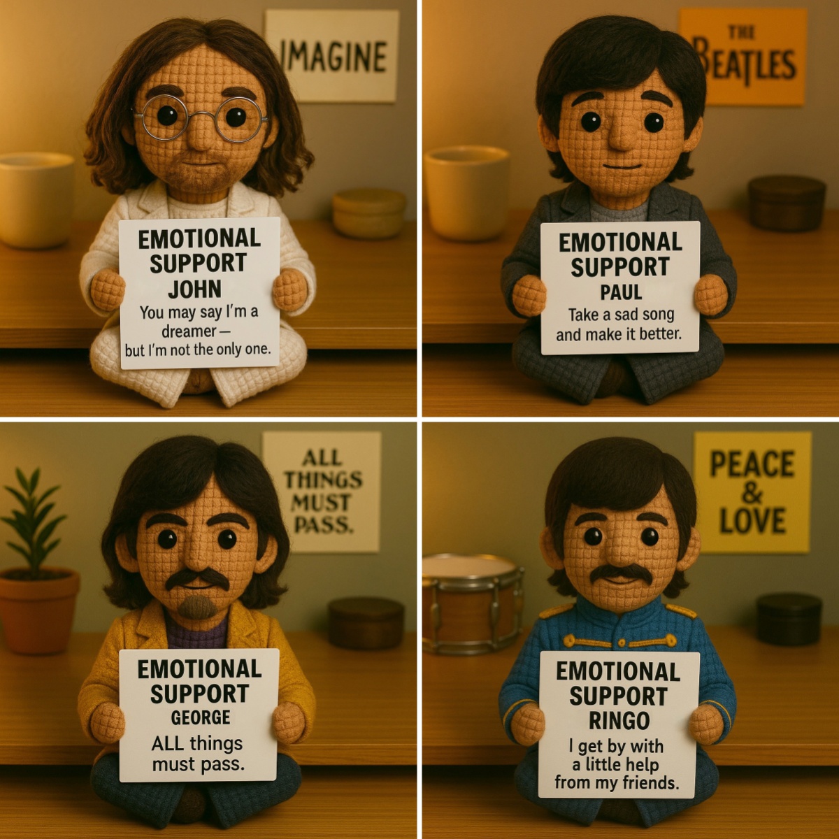 The Beatles Emotional Support Crocheted Dolls