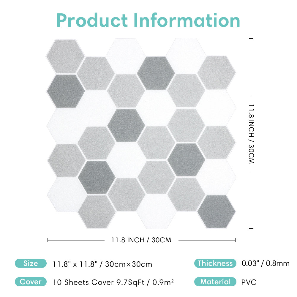 Grey and White Hexagon Peel and Stick Vinyl Floor Tile Sticker