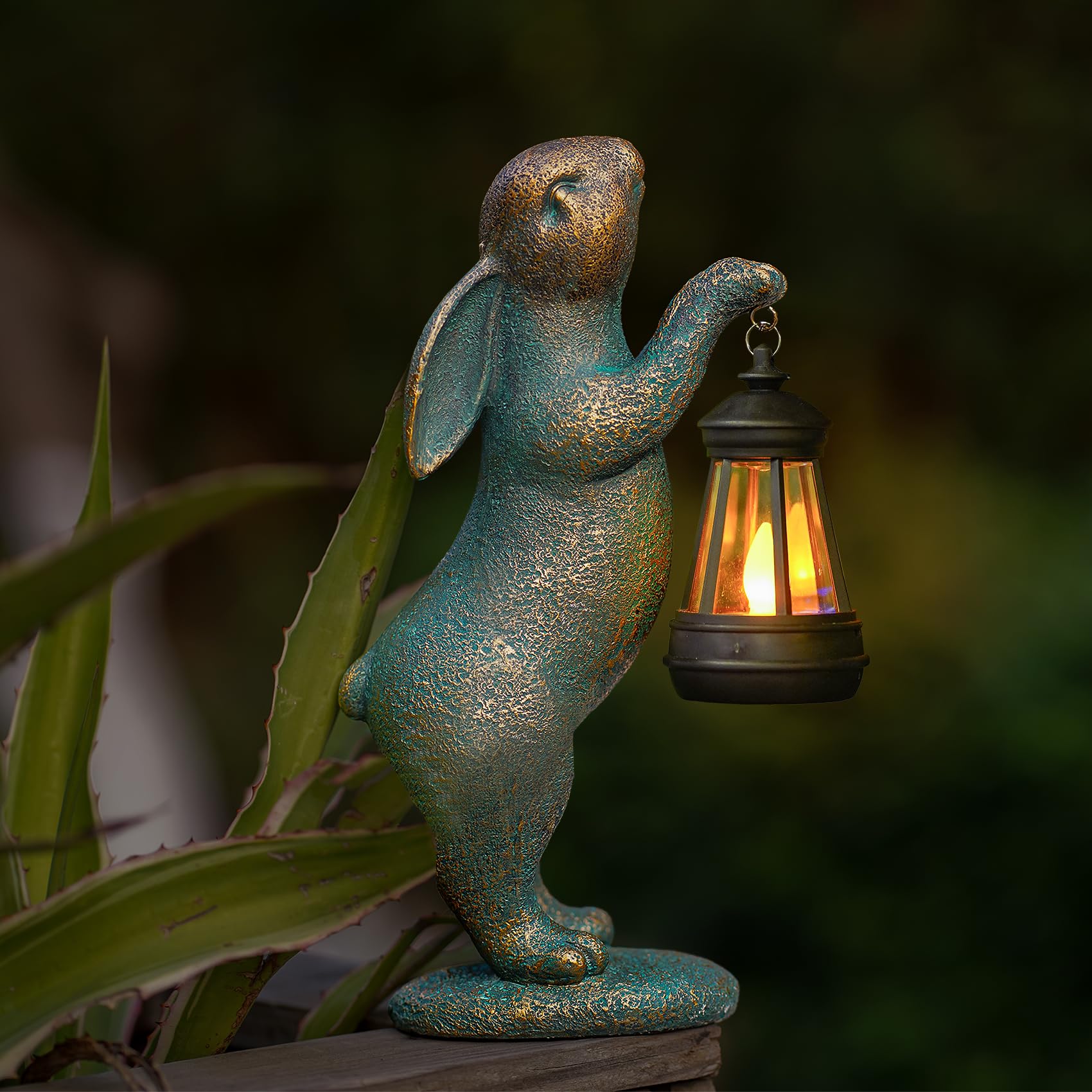 Garden Statues Rabbit with Solar Lantern Flickering Flame Lights
