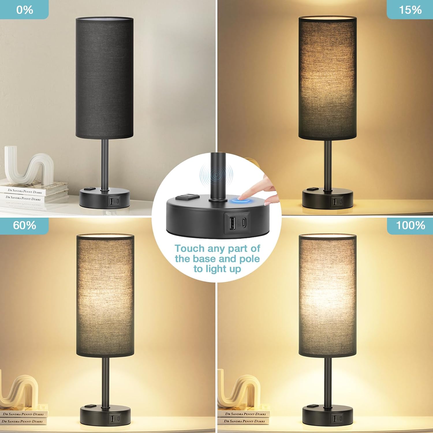 Bedside Table Lamp for Bedroom - 3 Way Dimmable Touch Lamp USB C Charging Ports and AC Outlet, Small Lamp Wood Base Round Flaxen Fabric Shade for Living Room, Desk, LED Bulb Included