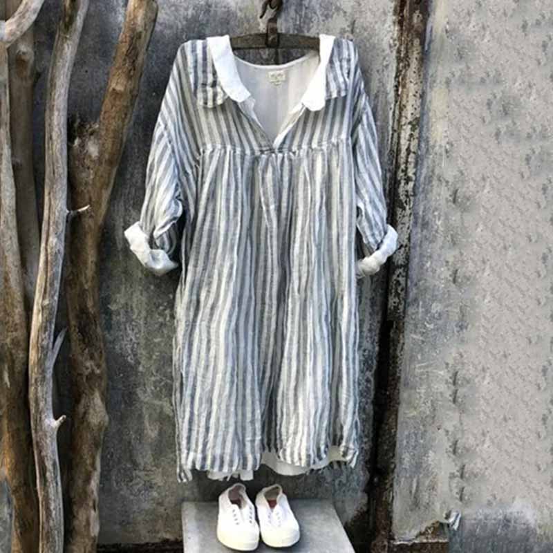 Striped Lapels V Neck Pleated Oversize Maxi Dress