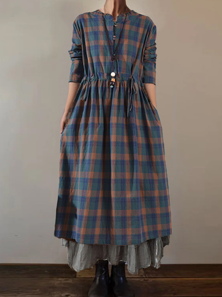 Vintage Plaid Ruffle Hem Drawstring Pleated Maxi Dress