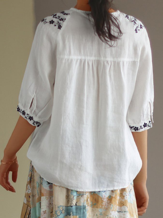 Women's Vintage Embroidered Floral Round Neck Casual Cotton And Linen Shirt