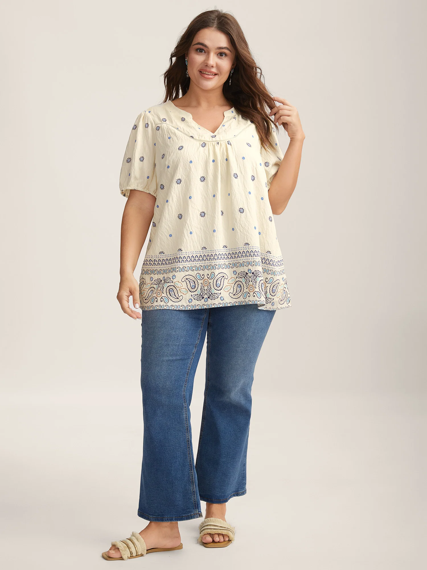 Boho Print Notched Collar Blouse