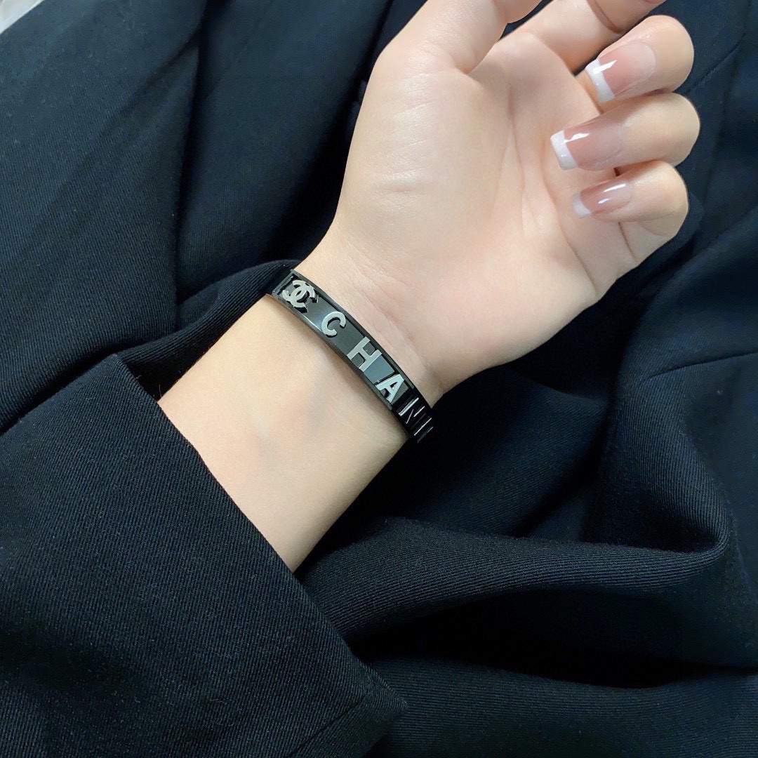 Chanel engraved letter charcoal black bracelet