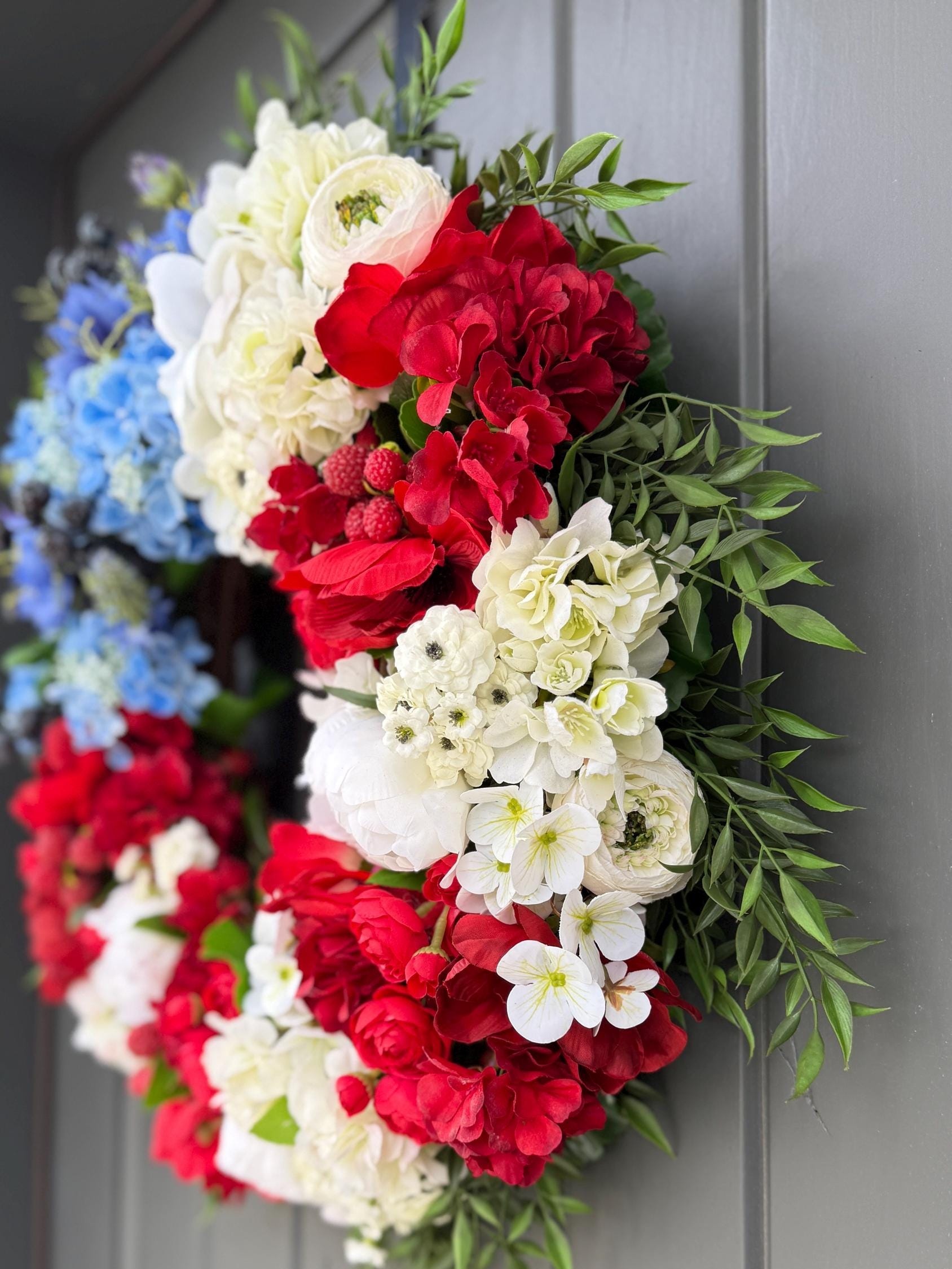 🔥ON SALE🔥Red White and Blue Patriotic Wreath with Faux Florals, Handmade Gift USA