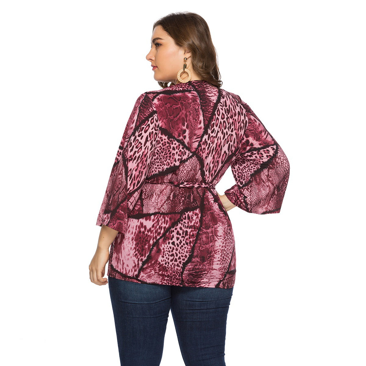 Plus Size Women Spring Autumn Loose Snake Pattern Lace Up Top