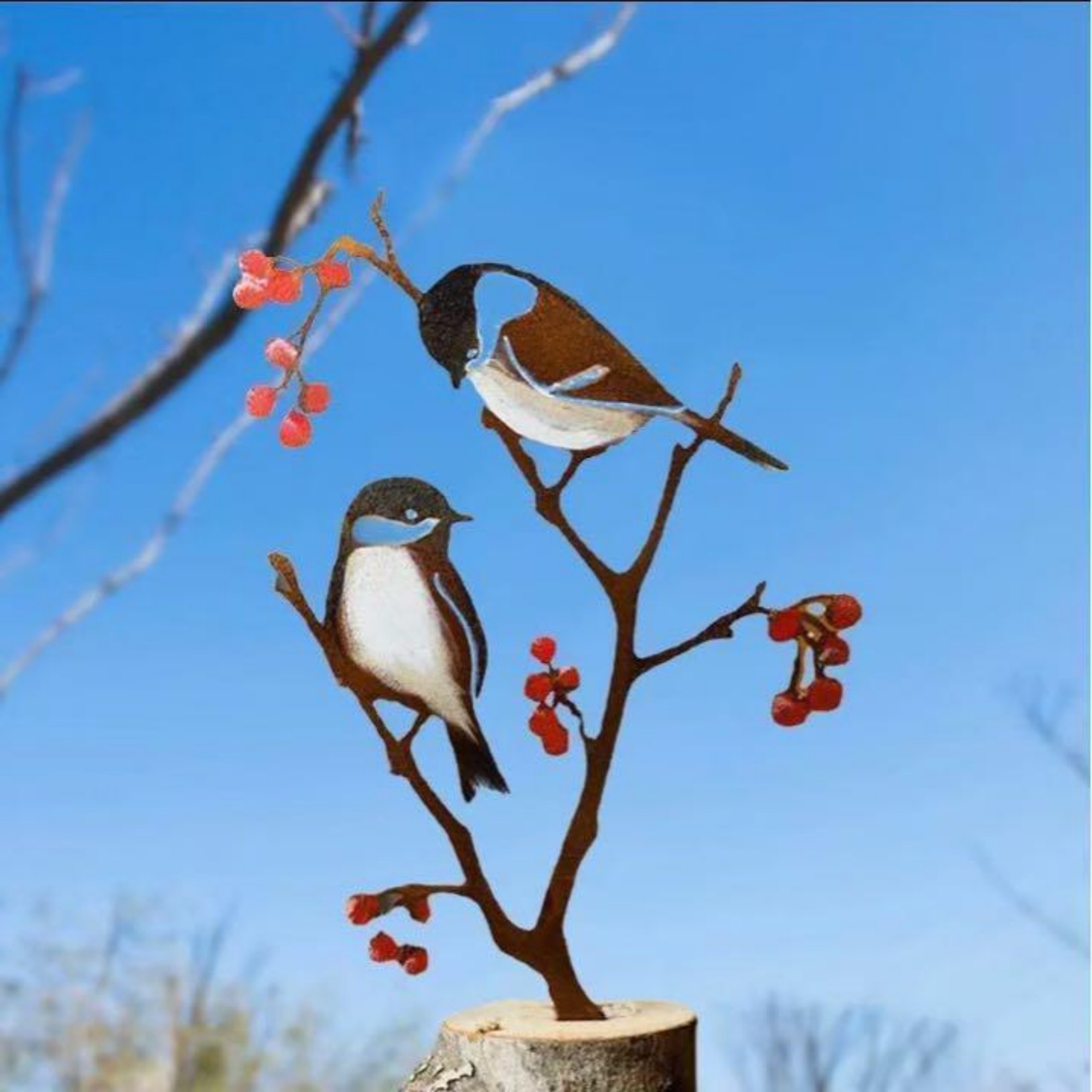 Hand painted metal bird metal garden art decoration on spring willow garden stake