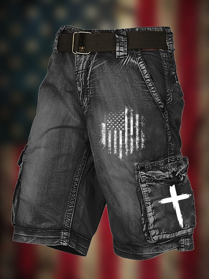 Men's Flag Cross Print Pocket Cargo Shorts