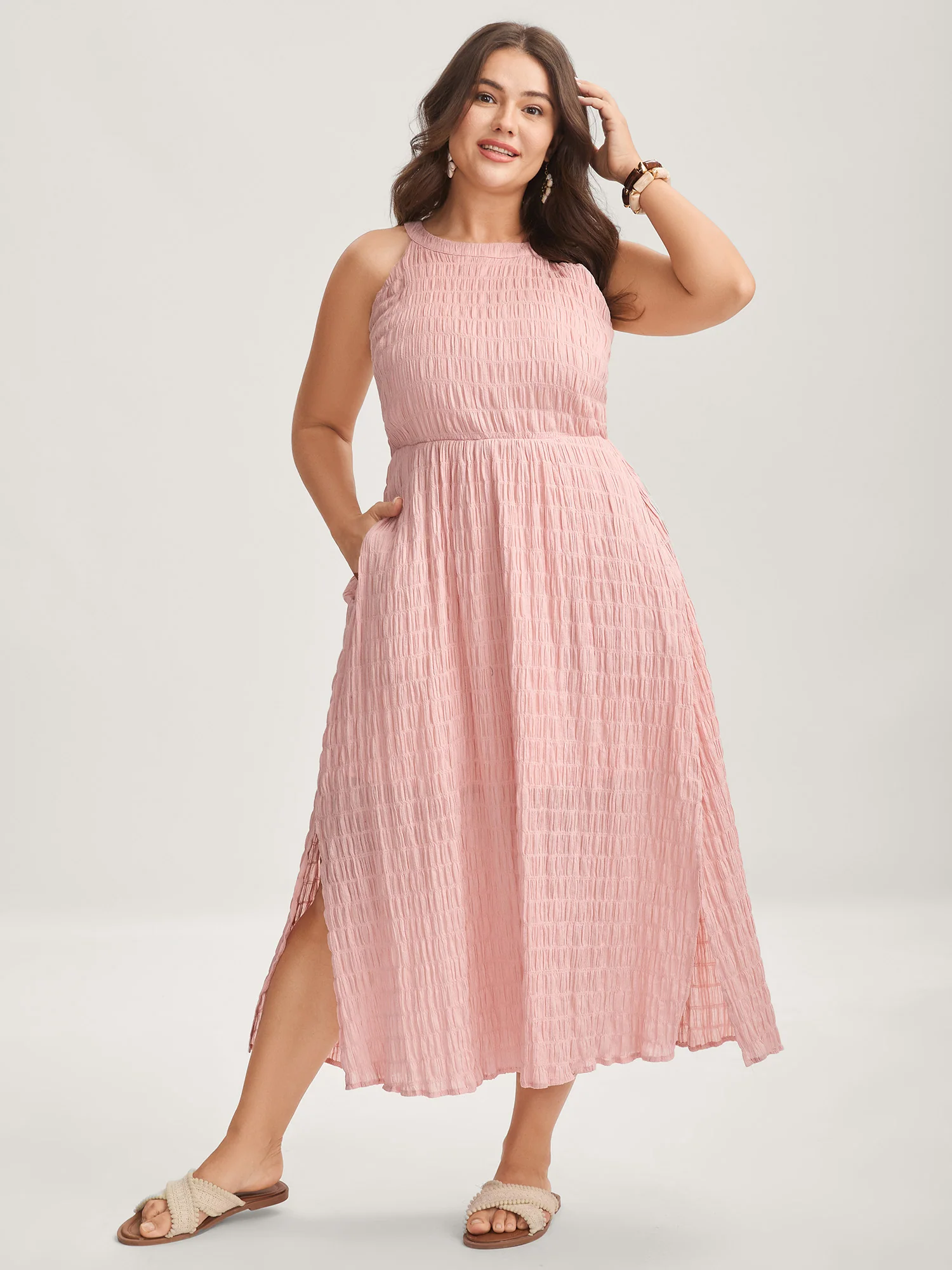 Textured Halter Neck Solid Midi Dress