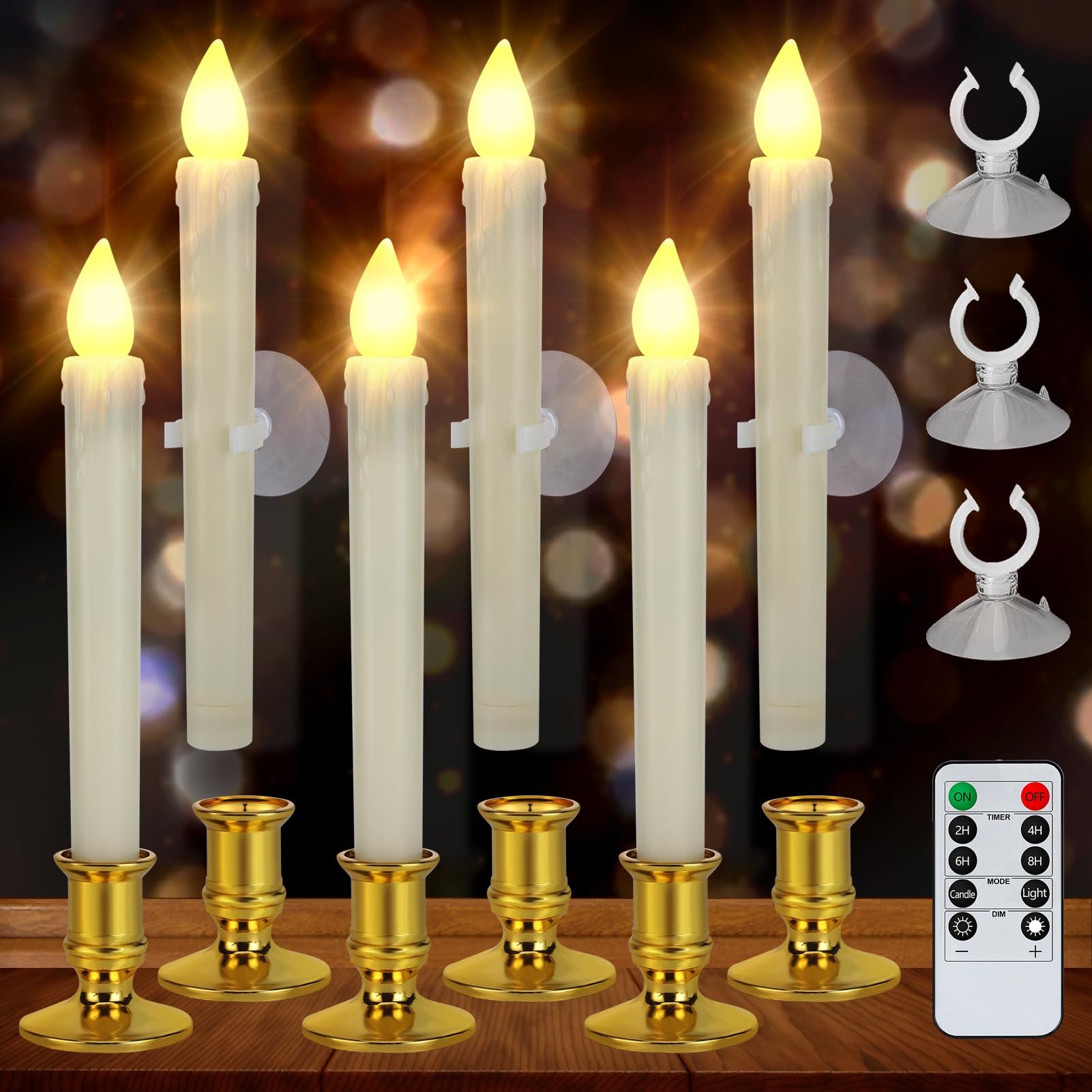 🎄CHRISTMAS ON SALE🎄6 Pcs Christmas Flameless Flickering Candles with Timer, Removable Candlestick, Suction Cup