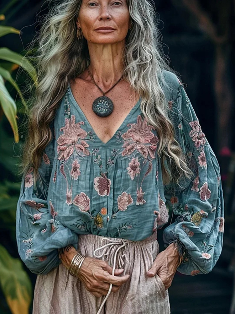 Vintage Bohemian Floral Linen Art Print Long Sleeve V-neck Shirt
