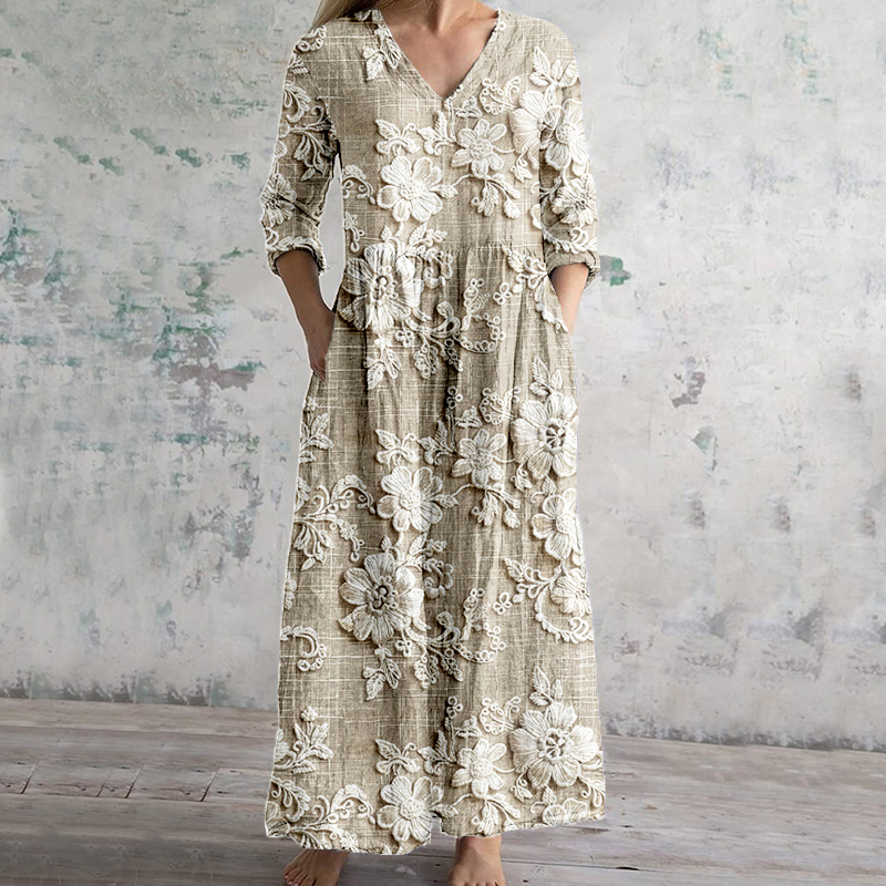 Vintage Floral Lace Embroidered V Neck Linen Blend Maxi Dress