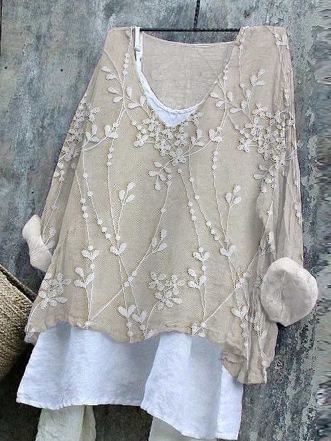 Women's Cotton And Linen Embroidered Printed V-Neck Top
