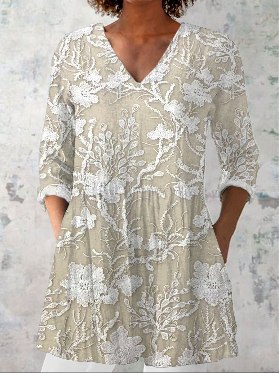 Women's Cotton And Linen Embroidered Printed V-Neck Stitching Top