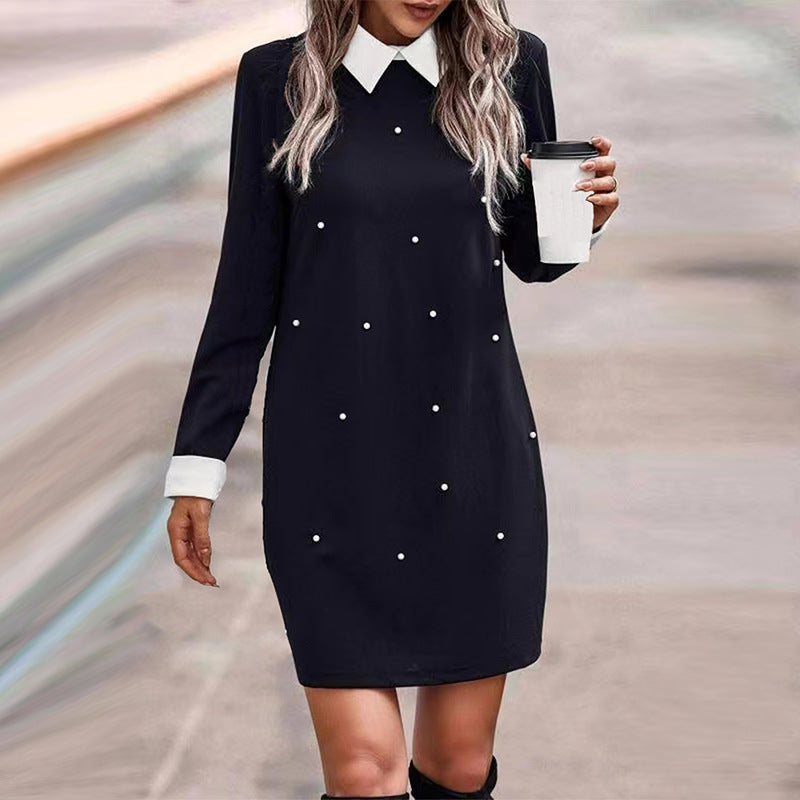 Elegant Lapel Long Sleeve Beaded Dress with Contrast Color Stitching