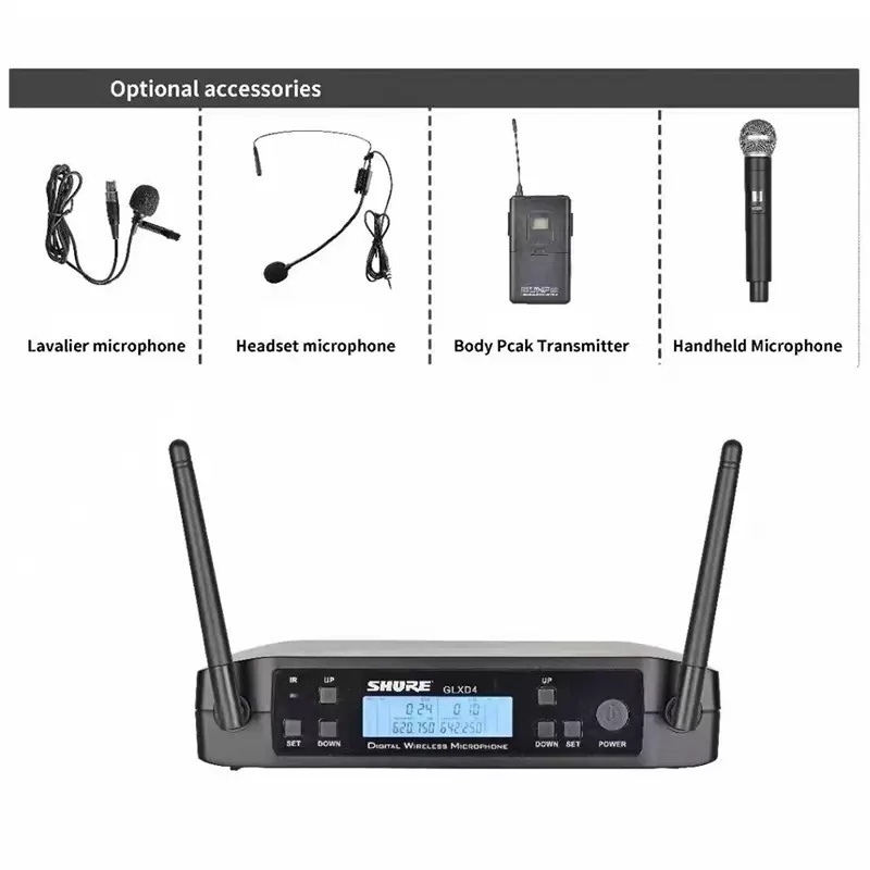 GLXD4 Wireless Microphone 2 Chs UHF 640~690MHz Professional Mic Handheld Lavalier Headworn Headset Shure Party Church Meeting