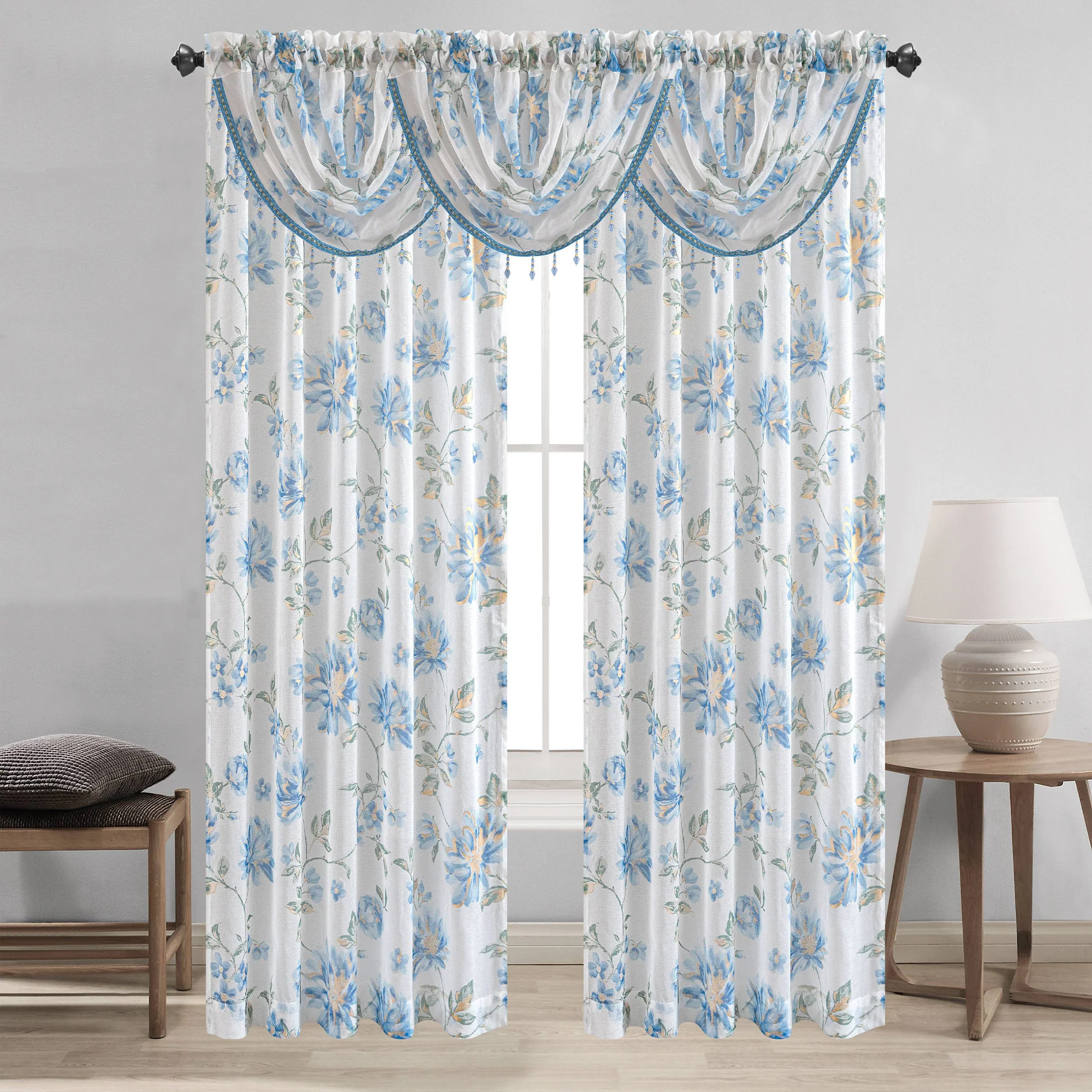 Anna Sheer Metallic Floral Rod Pocket Window Panel & Waterfall Valance, All Sold Separately