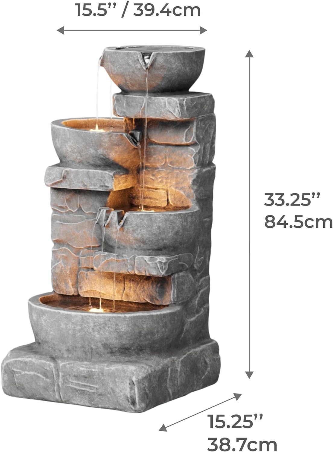 Teamson Home 33.25 inch Cascading Bowls and Stacked Stones LED Outdoor Water Fountain
